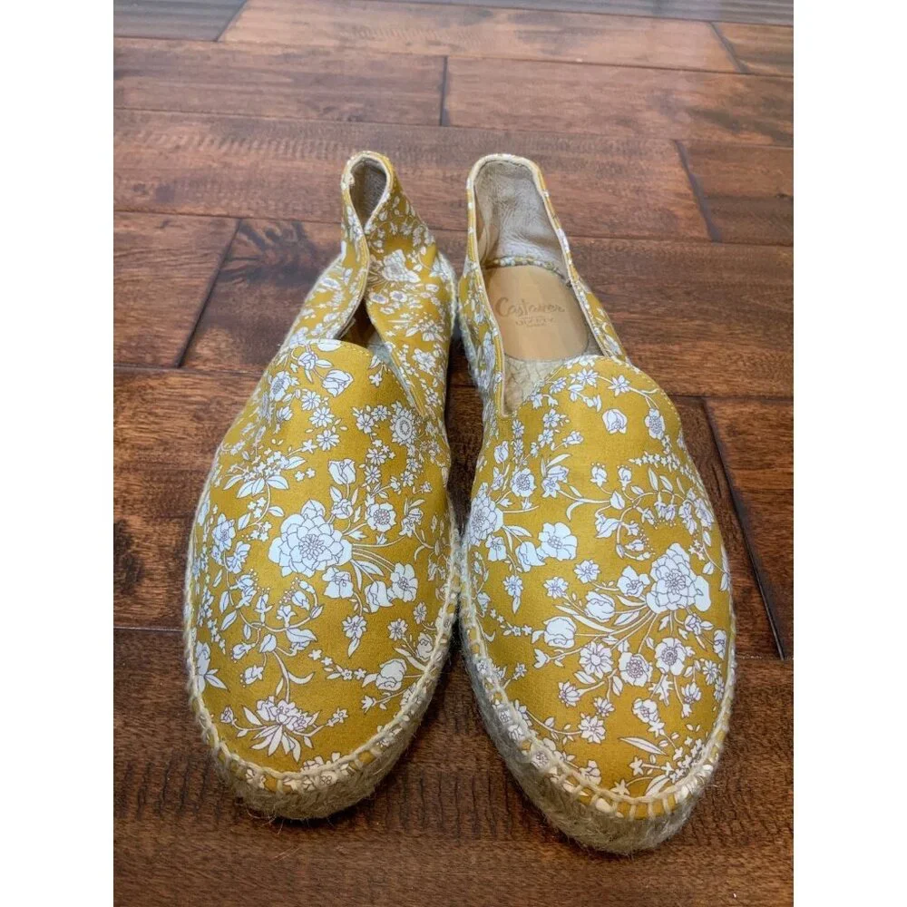 Castaner White & Mustard Yellow Floral Print Hemp Sole Flats, Size 38 (Eur)